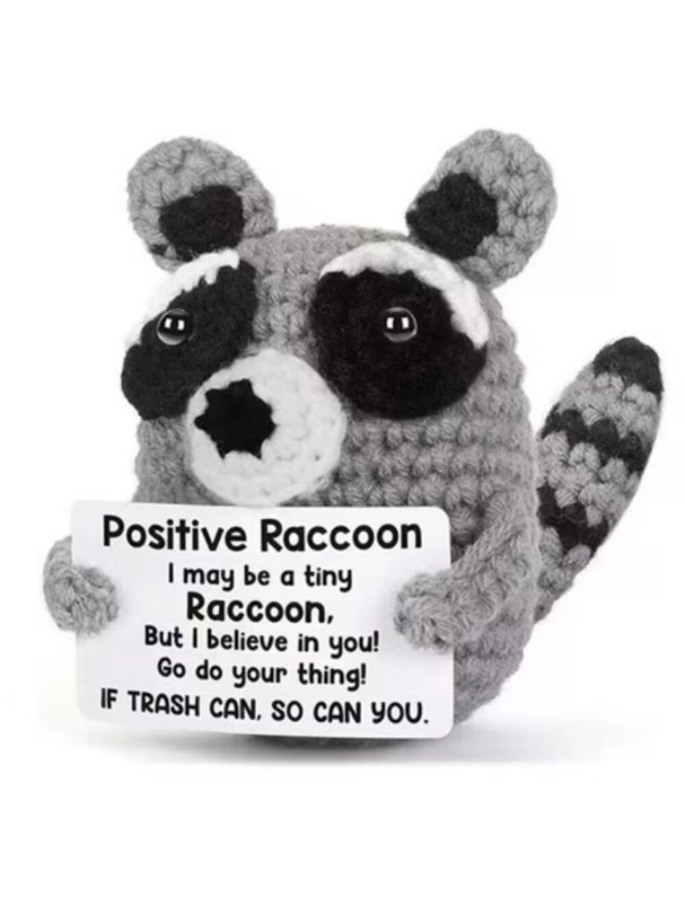 Crocheted Positive Raccoon Plush With Motivational Sign - Handmade Gray & Black